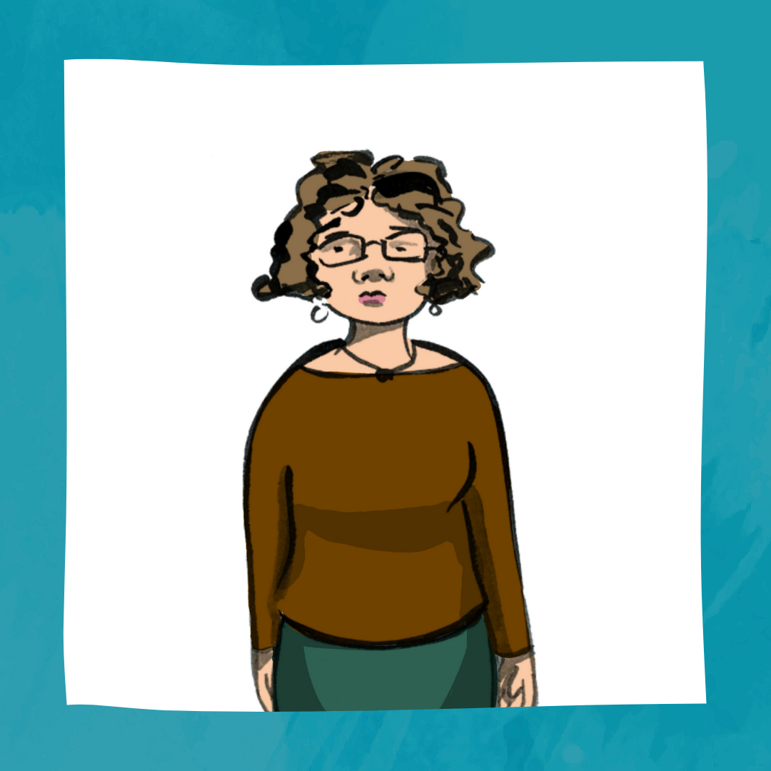 Portrait of Jenny, a 53 year old woman with curly hair and glasses. Jenny is wearing a brown shirt and green skirt. The bottom of the portrait says, "Sensory Awareness. Character Artwork created by Jacina Sweeting Read"