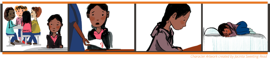 A cartoon strip showing the story of Mizba. In the first picture, Mizba sits alone at a lunch table with her arms folded. She has brown skin, black hair twisted into two braids, and rosy cheeks. She's wearing a black hoodie over a pink shirt. Behind her at a different table sit four of her classmates, smiling at one another. In the second image, Mizba looks dismayed as her teacher hands her a white piece of paper with a 'B' written at the top in red. In the third picture, Mizba is teary eyed, looking down at the ground. In the last image, Mizba lays on her bed, teary eyed, curled in the fetal position. Her bedspread is white with thin, blue stripes.